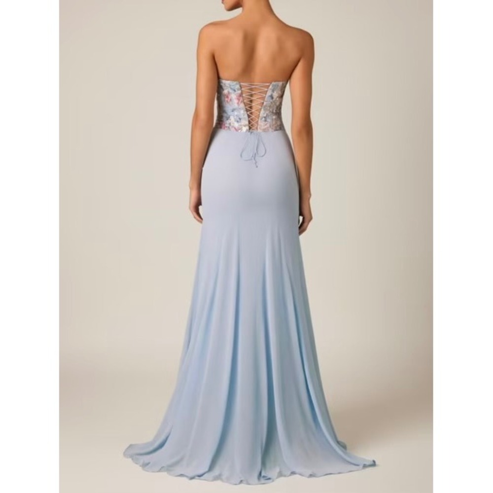 Oh Polly Blue Floral Embroidered Corset Maxi Dress Lace Up Back US 4 New - Picture 2 of 10